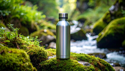 Single reusable water bottle placed on a stone near mountain stream
