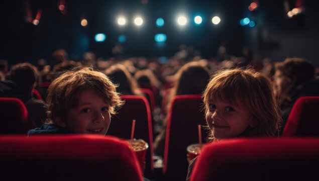 Two young children watch a movie in a darkened theater their faces lit by the screen's glow anticipation and excitement filling the air.