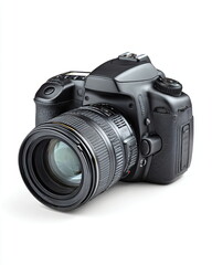 Fototapeta premium black DSLR camera with lens cap, isolated on white