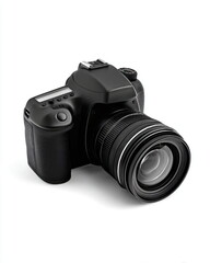 black DSLR camera with lens cap, isolated on white