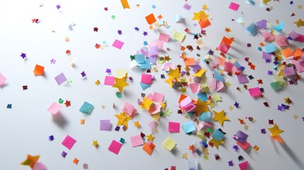Obraz premium A vibrant scattering of colorful confetti on a white background, ideal for celebrations and festive occasions.