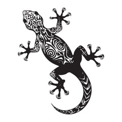  Silhouette Tribal Gecko Tattoo Vector Illustration with Symmetrical Motifs on Cyan Background. 