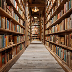 Obraz premium Visitors explore a quiet library aisle filled with old books and wooden shelves in a cozy atmosphere