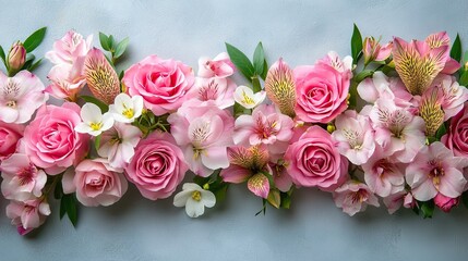 Floral border of pink roses and alstroemeria flowers. Elegant design for invitations or celebrations. 