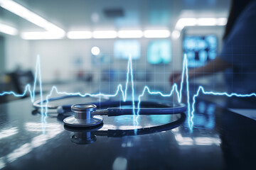 Stethoscope with digital heartbeat overlay in medical setting