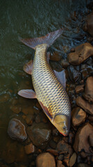 A large freshwater fish caught in a rocky river