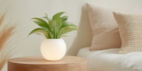 Minimalist living room with glowing orb shaped hydroponic planter for modern home decor
