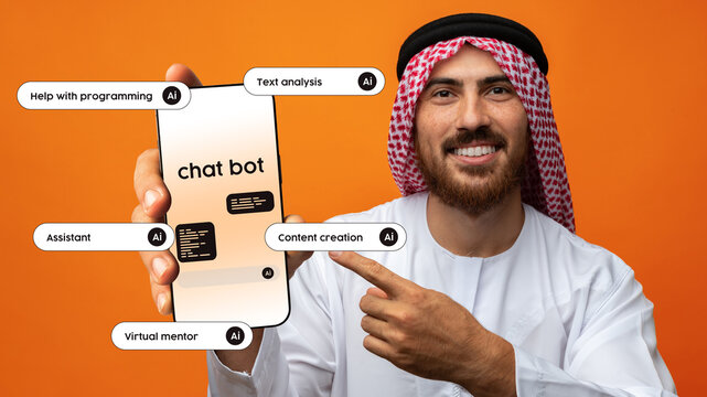 Man showcasing chatbot technology with AI capabilities for various applications