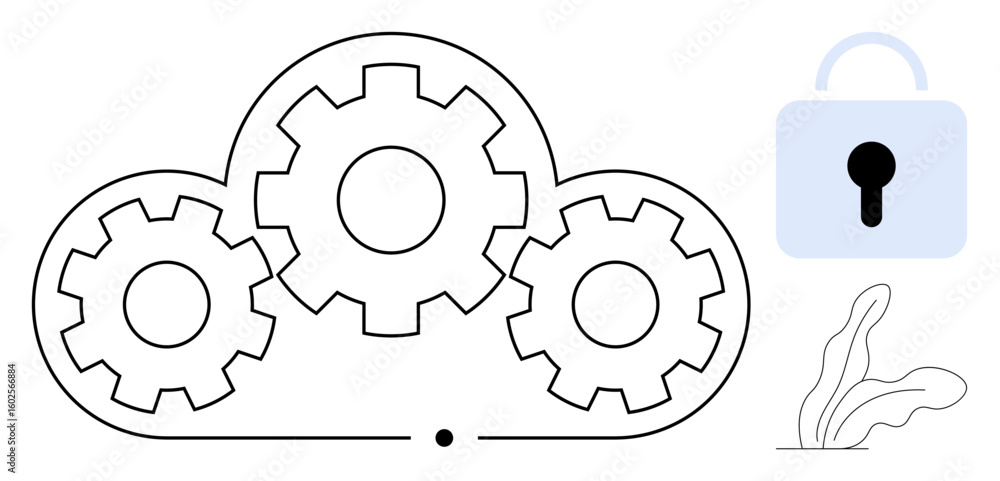 Poster gears inside a cloud represent processes, paired with a secure lock and decorative plant element. id