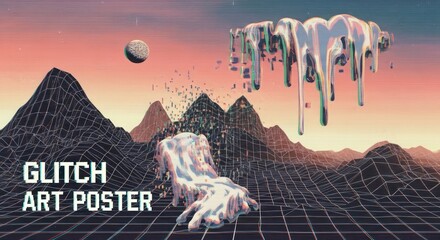 Glitch art landscape with mountains and abstract forms