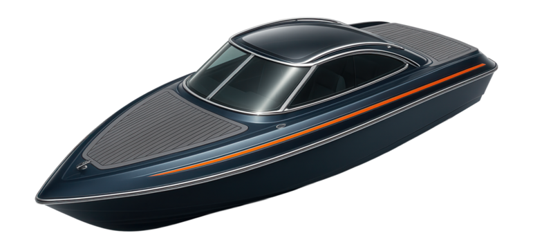 High-performance cabin powerboat with a pointed prow and aerodynamic canopy