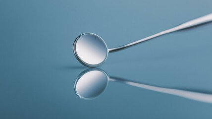 This dental mirror rests on a smooth blue surface, emphasizing its role in examining teeth and gums.