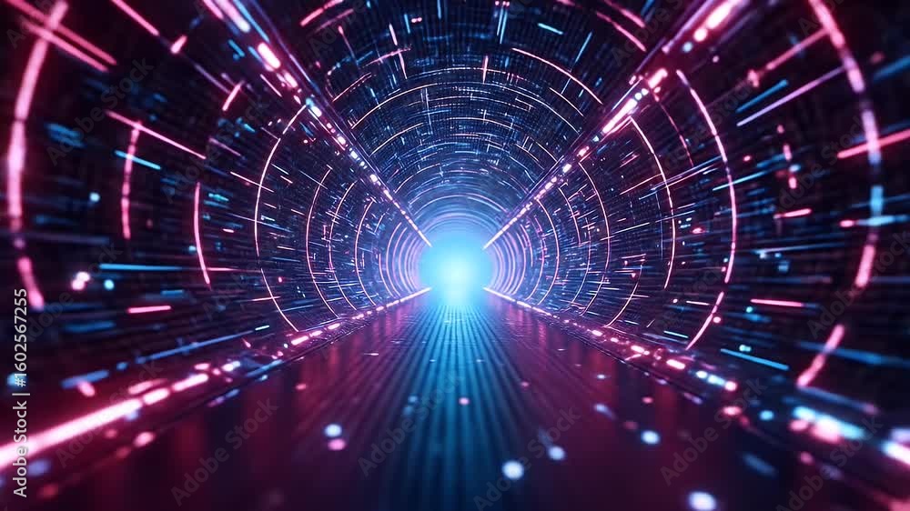 Poster digital data tunnel glowing with neon lines looping animation for technology