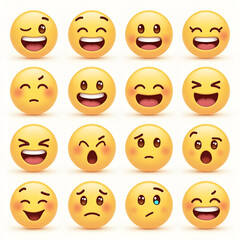 Fototapeta premium A set of cartoon yellow smiley face icons expressing various happy, sad, surprise and angry emotions