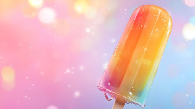 Dazzling Rainbow Popsicle Gently Melting, Sparkles Adorn a Soft, Dreamy, Bokeh Background - Powered by Adobe
