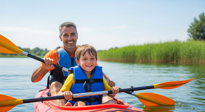 Family of father and son paddling on a kayak, active summer vacation, parents and child, healthy lifestyle, adventure, hobby, eco-tourism, Father's Day, Family Day
