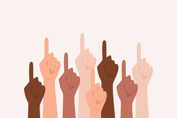Hands of people of different skin tones pointing up with index finger. Flat vector illustration