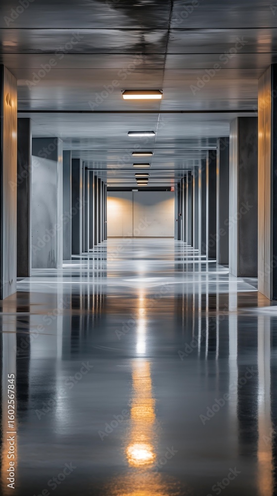 Poster a modern corridor with sleek lighting and polished floors. the symmetrical lines create a spacious a
