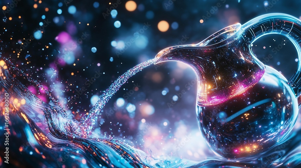 Poster a mesmerizing image of a futuristic glass pitcher pouring sparkling water, set against a vibrant bac