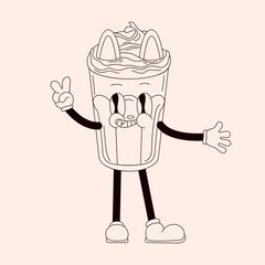 Groovy drink cat character in shape of frappe iced coffee in line art. Cartoon mascot isolated on a light background.