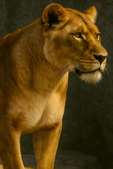 Obraz premium A captivating profile of a lioness, showcasing her elegant features and intense gaze. The warm, golden lighting highlights the details of her fur and musculature, set against a dark backdrop