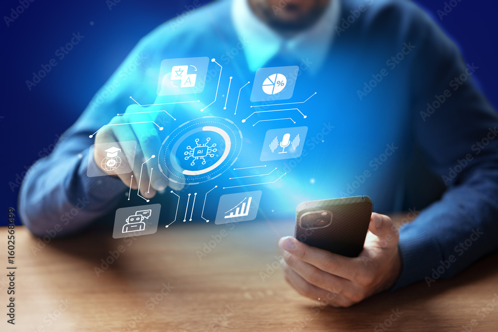 Poster man using smartphone with holographic technology display in modern workspace at night