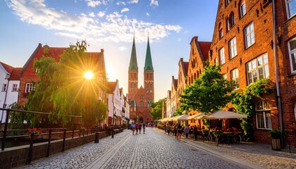 Obraz premium European town street at sunset