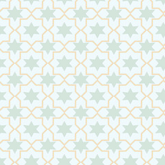 Intricate islamic geometric pattern featuring eight pointed stars connected by interlacing orange lines on a light blue background