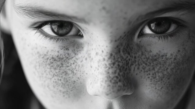 Close-up  capturing the innocent gaze of a young child with noticeable freckles on their face.