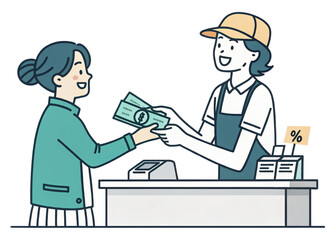 person purchasing, cashier at a store counter, flat vector illustration, transparent background