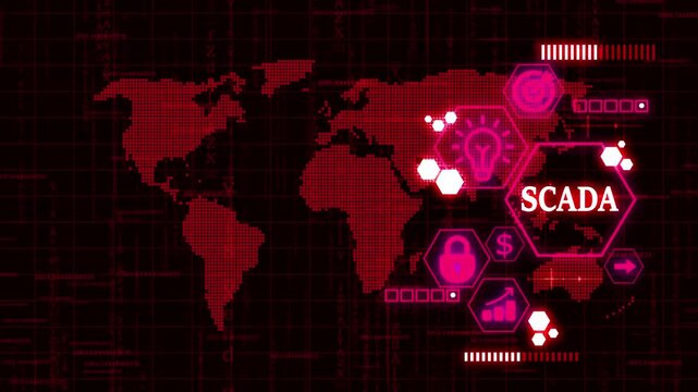 System Supervisory Control And Data Acquisition technology concept. SCADA. technology background with Cyberspace binary matrix letter bits.