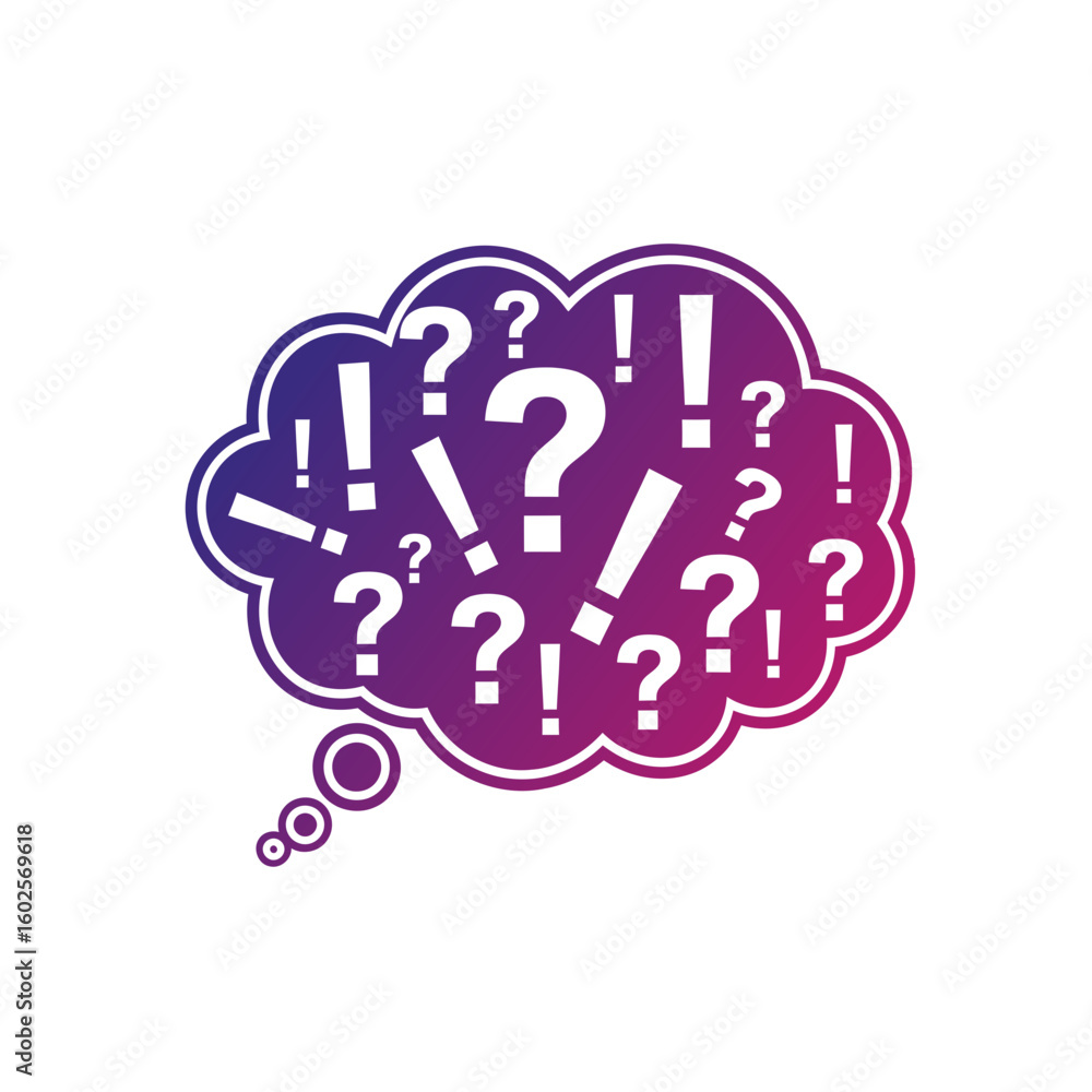 Poster question and exclamation marks in a thought bubble isolated on white background