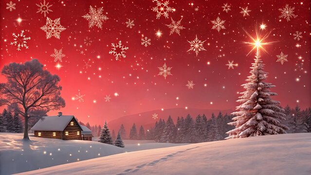 Enchanting winter wonderland scene with cozy cabin nestled among snowy hills and sparkling snowflakes