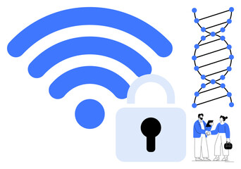 Blue wireless icon with padlock for encryption, DNA helix for genetics, and professionals collaborating. Ideal for security, technology, science, innovation, collaboration, data simple flat metaphor