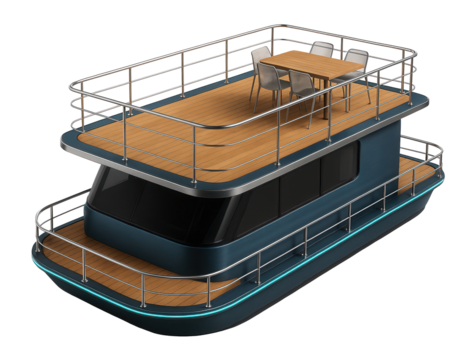 Houseboat with an extended upper deck and an outdoor dining space