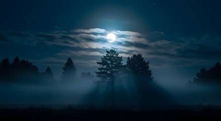 Naklejka premium Mysterious Foggy Night with Full Moon 