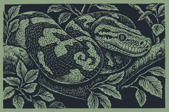 A large python or boa constrictor coiled on a tree branch in the jungle. A detailed vector illustration in a classic vintage woodcut or linocut style.