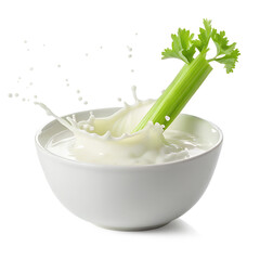 Artistic splash shot of celery dropping into milk, isolated on transparent background