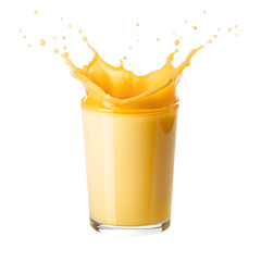 Artistic splash shot of glass of milk dropping into juice, isolated on transparent background