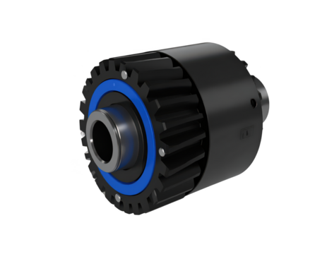 Black mechanical gear assembly with blue ring isolated on transparent background