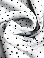 A detailed close-up of soft white satin fabric with classic black polka dots. Elegant, retro-style...