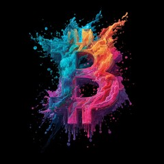 Dynamic Bitcoin symbol crafted from vibrant, exploding paint splashes against a dark background. A striking and artistic representation of cryptocurrency and digital finance.