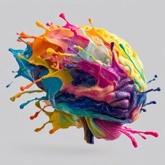 Vibrant brain bursting with colorful paint splashes against a clean background. A dynamic and artistic representation of creativity, ideas, intelligence, and mental processes.