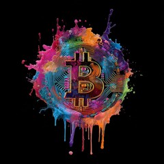 Dynamic Bitcoin symbol crafted from vibrant, exploding paint splashes against a dark background. A striking and artistic representation of cryptocurrency and digital finance.