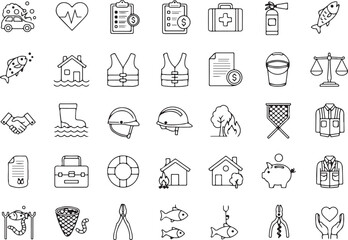 Multifunctional icon set, fishing and safety graphics, finance and healthcare symbols, emergency equipment illustrations for web, apps, branding, packaging, editorial, and tutorial content
