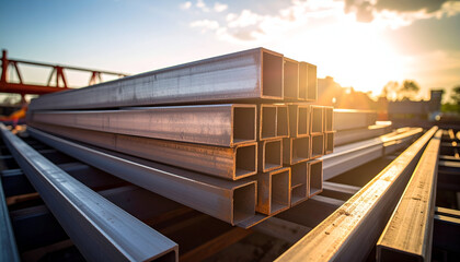 _Geometric arrangement of industrial steel beams at a construction site, bathed in sof