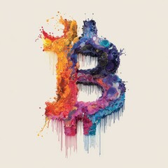Dynamic Bitcoin symbol crafted from vibrant, exploding paint splashes against a dark background. A striking and artistic representation of cryptocurrency and digital finance.