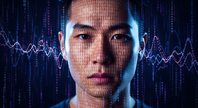 Conceptual portrait of a man's face with binary code overlay, representing digital identity, biometrics, and artificial intelligence.