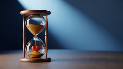 Hourglass with glowing heart and sand flowing against a blue background