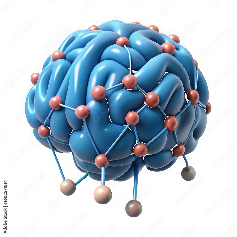 Poster 3d blue brain with interconnected nodes and spheres isolated on a transparent background image